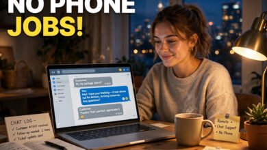 Evening remote chat support worker in the USA helping customers from home on a laptop - no phone jobs