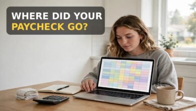 Woman in the USA tracking expenses on a laptop spreadsheet at her kitchen table - WHERE DID YOUR PAYCHECK GO?