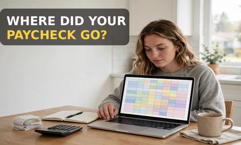 Woman in the USA tracking expenses on a laptop spreadsheet at her kitchen table - WHERE DID YOUR PAYCHECK GO?