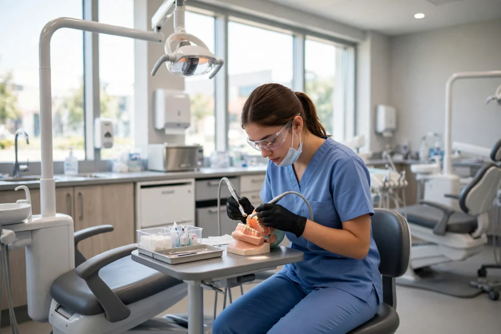 Dental student practising in a modern dental clinic training room