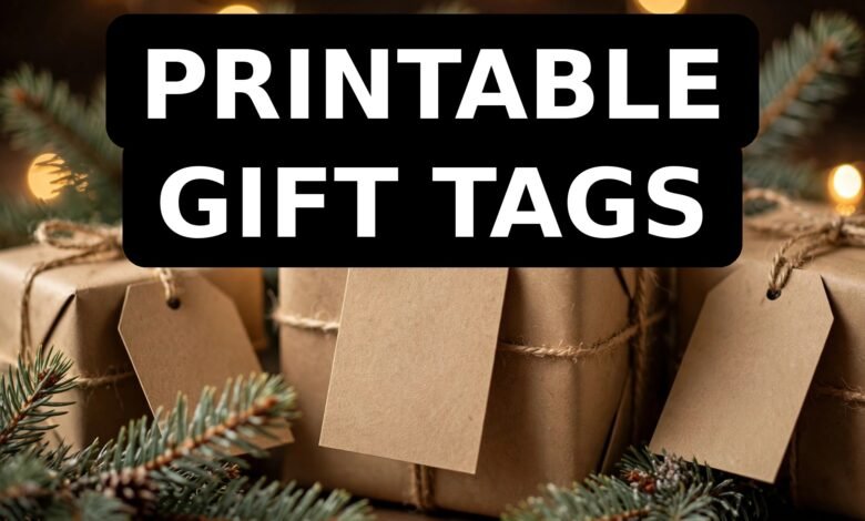 Printable Christmas gift tags on kraft paper presents