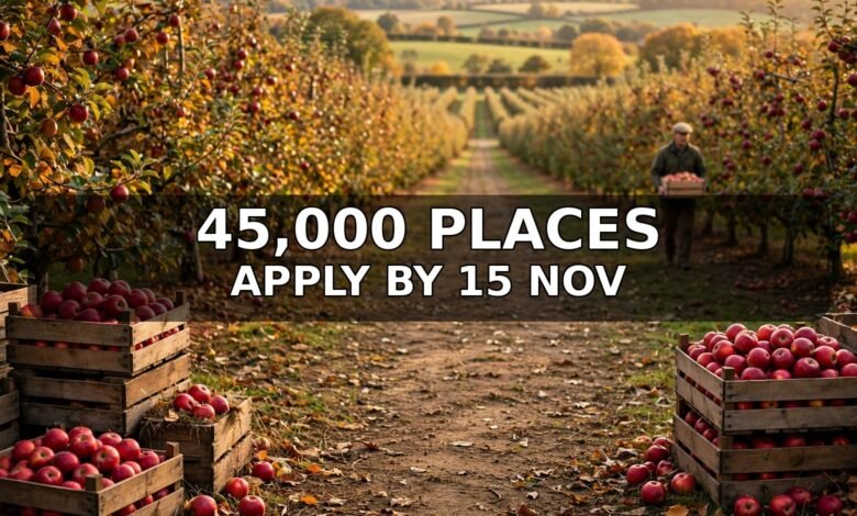 Apple orchard at harvest with crates of apples — UK seasonal worker visa jobs 2026.