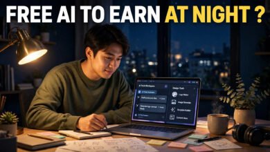 Beginner working at night at home on a laptop using free AI tools to earn online worldwide - FREE AI TO EARN AT NIGHT