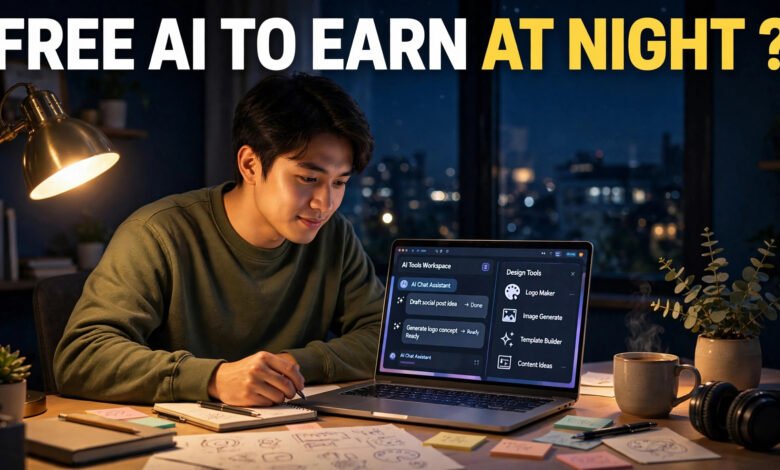 Beginner working at night at home on a laptop using free AI tools to earn online worldwide - FREE AI TO EARN AT NIGHT