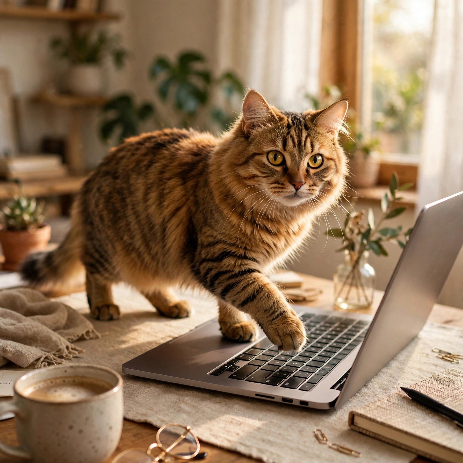 Tabby cat walking across a laptop keyboard