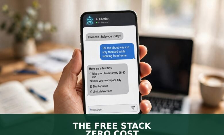 Free AI tools for freelancers 2026 — phone with AI chatbot, THE FREE STACK ZERO COST