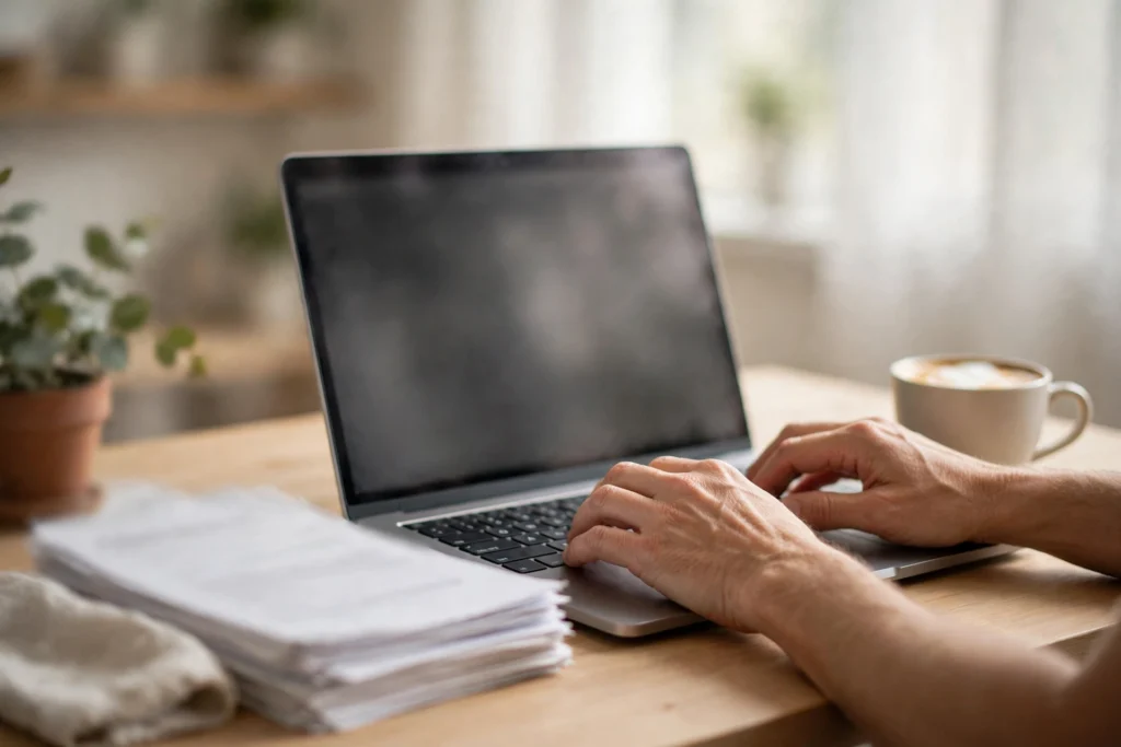 Hands typing on a laptop with invoice papers and coffee on a desk