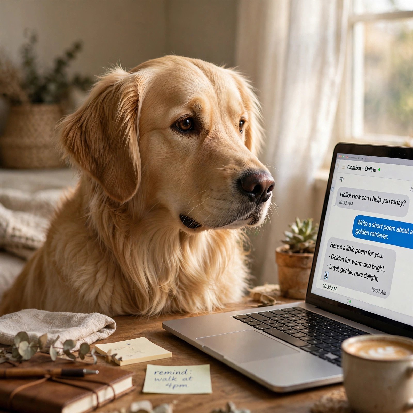 Dog tilting head at a laptop showing a chatbot, like an AI trainer