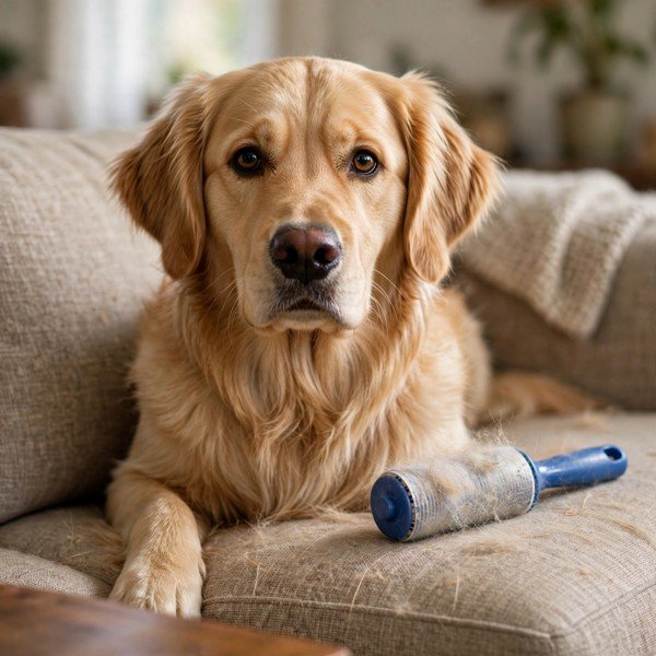 Golden retriever on a couch with a pet hair roller - Furveko pet guides