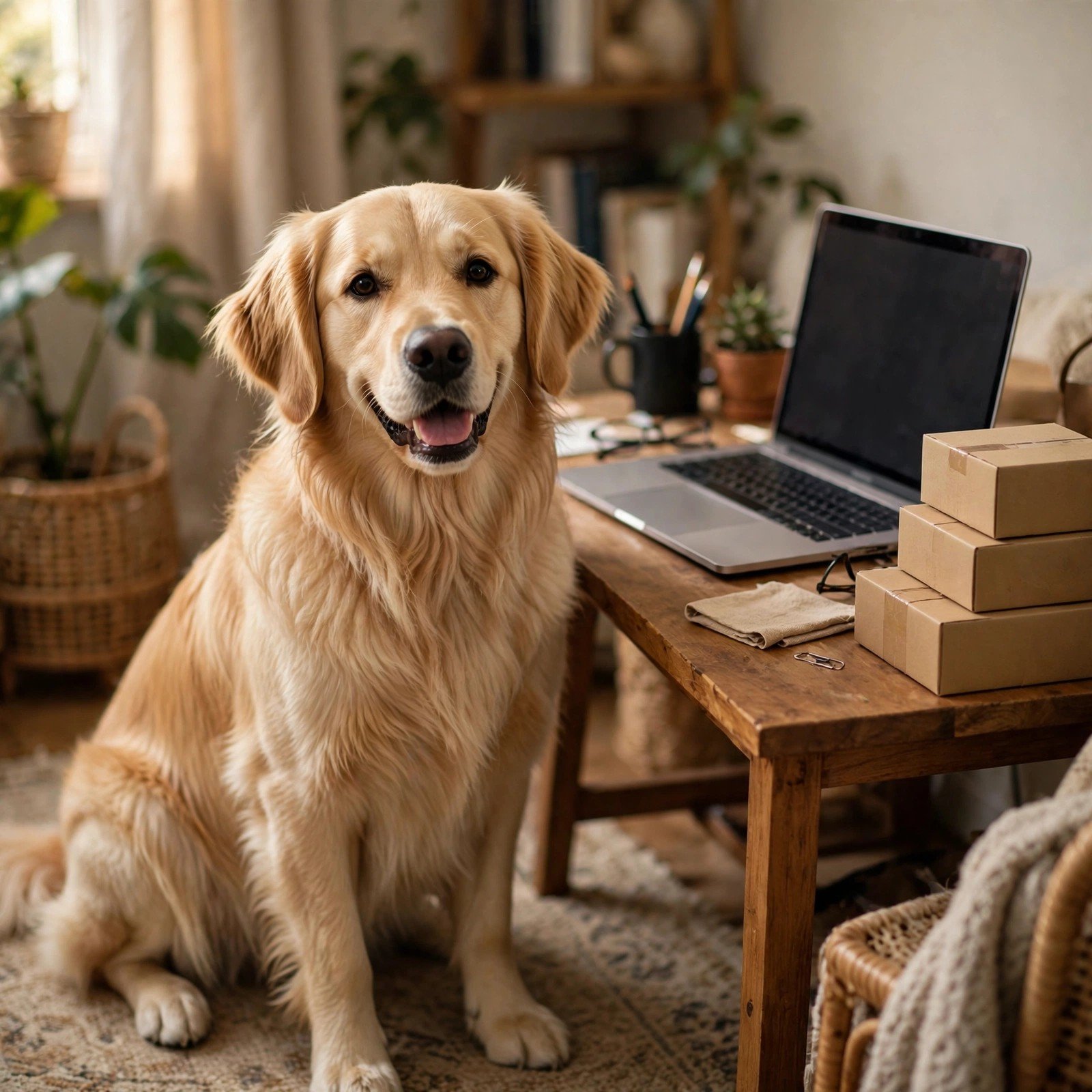 Golden retriever sitting by a home business desk - Furveko pet guides