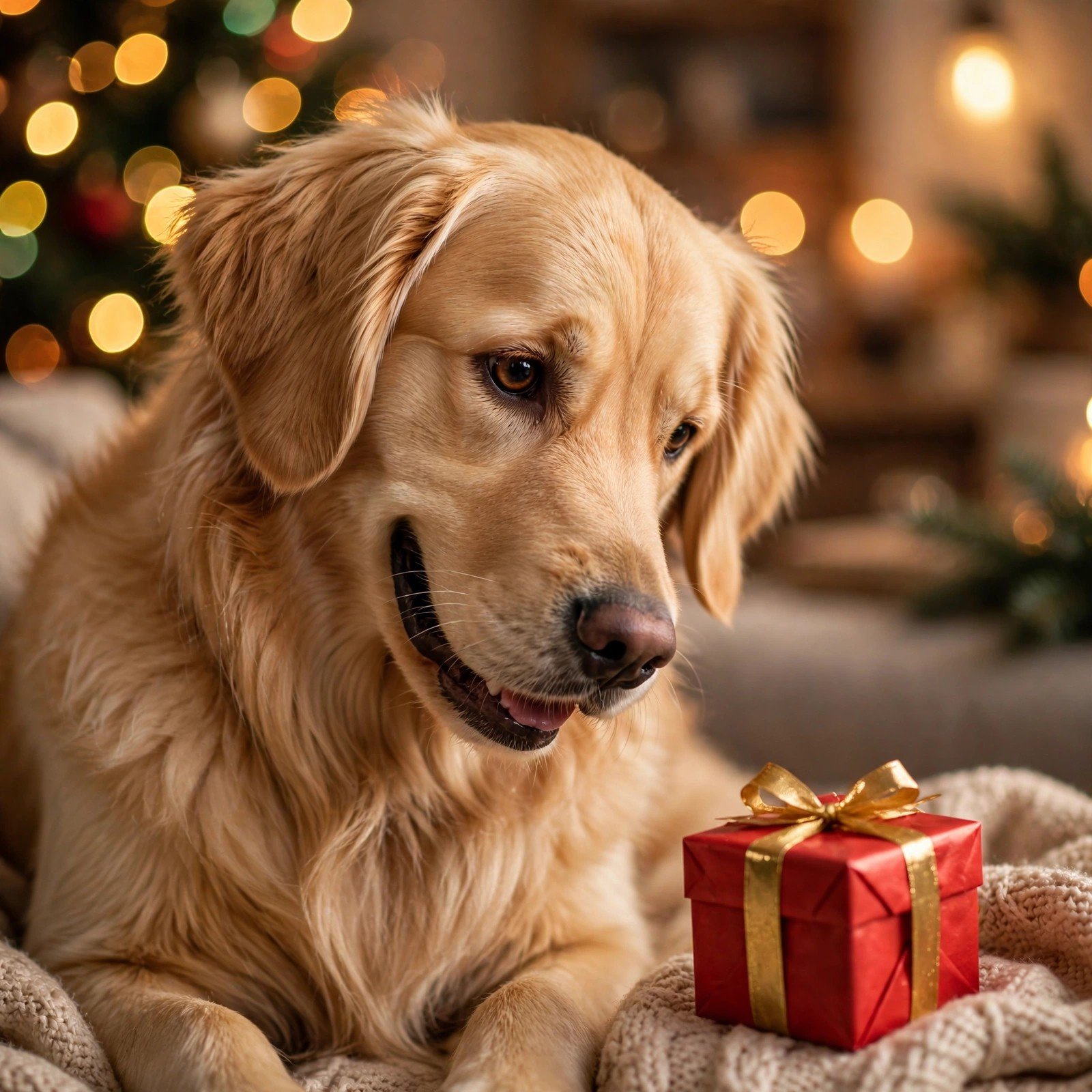 Golden retriever dog with Christmas gift box - Furveko pet guides