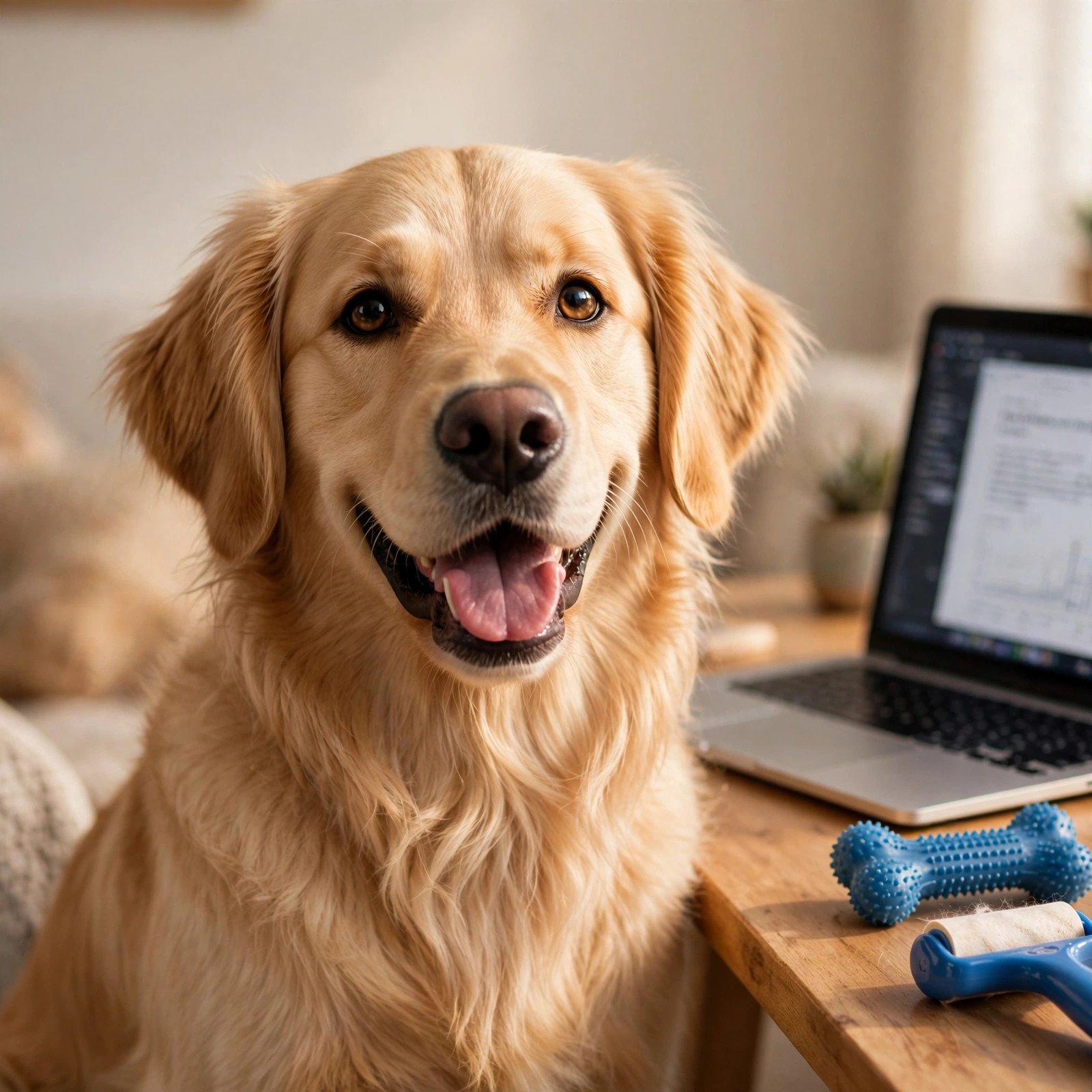 Happy dog with chew toy and pet hair roller beside a work from home laptop - Furveko pet guides
