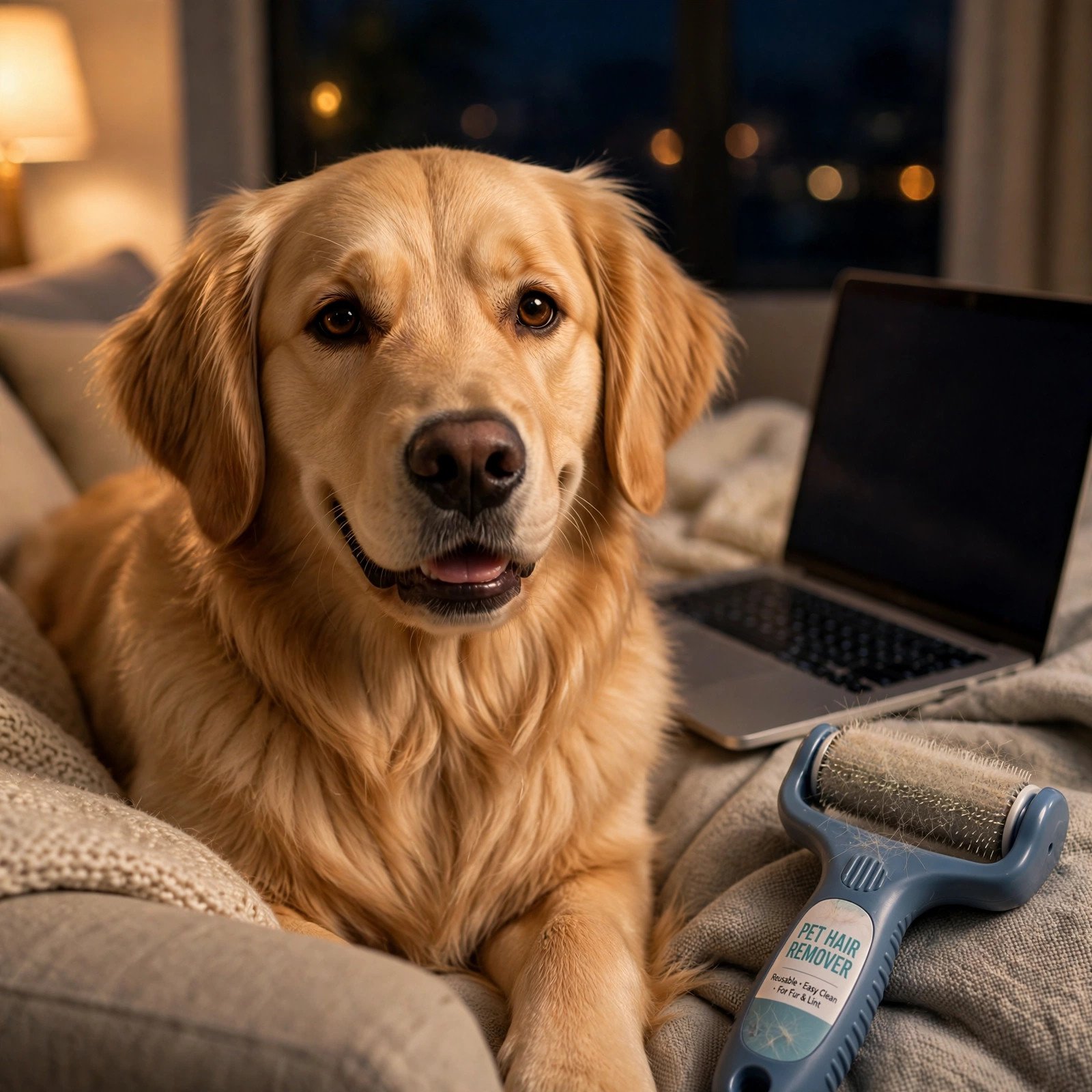 Happy dog resting beside a laptop at home with a pet care product nearby - Furveko pet guides