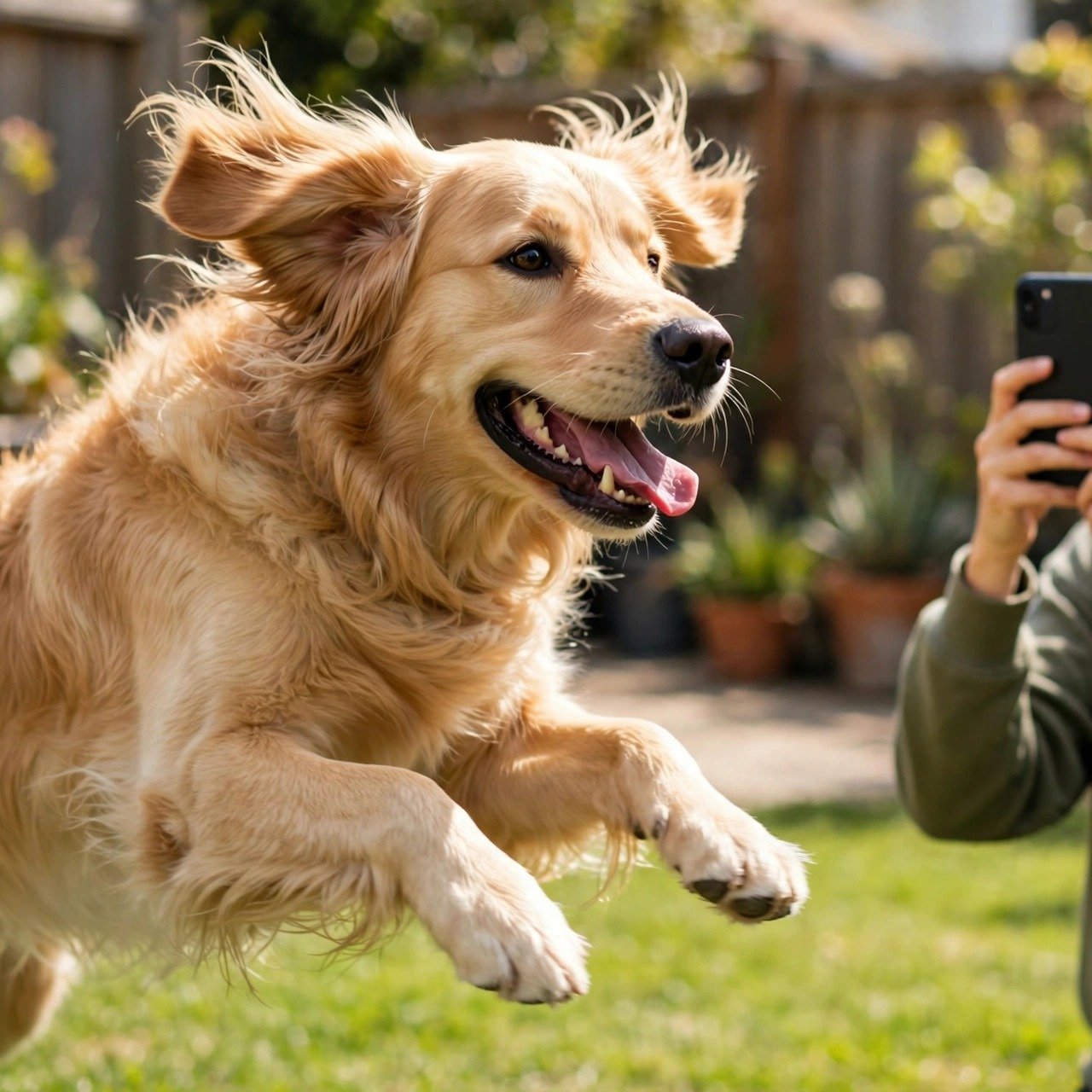 Golden retriever dog photobombing a phone photo