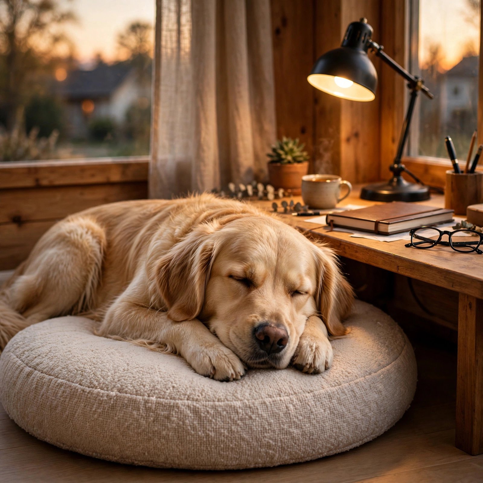 Golden retriever sleeping beside a home office desk - the quietest coworker, Furveko pet guides