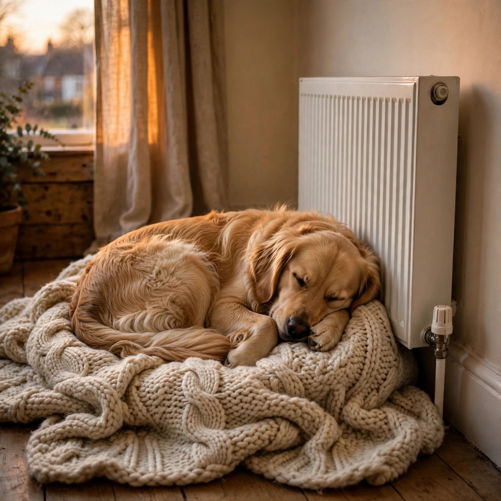 Golden retriever dog curled up asleep on a cosy blanket beside a warm radiator