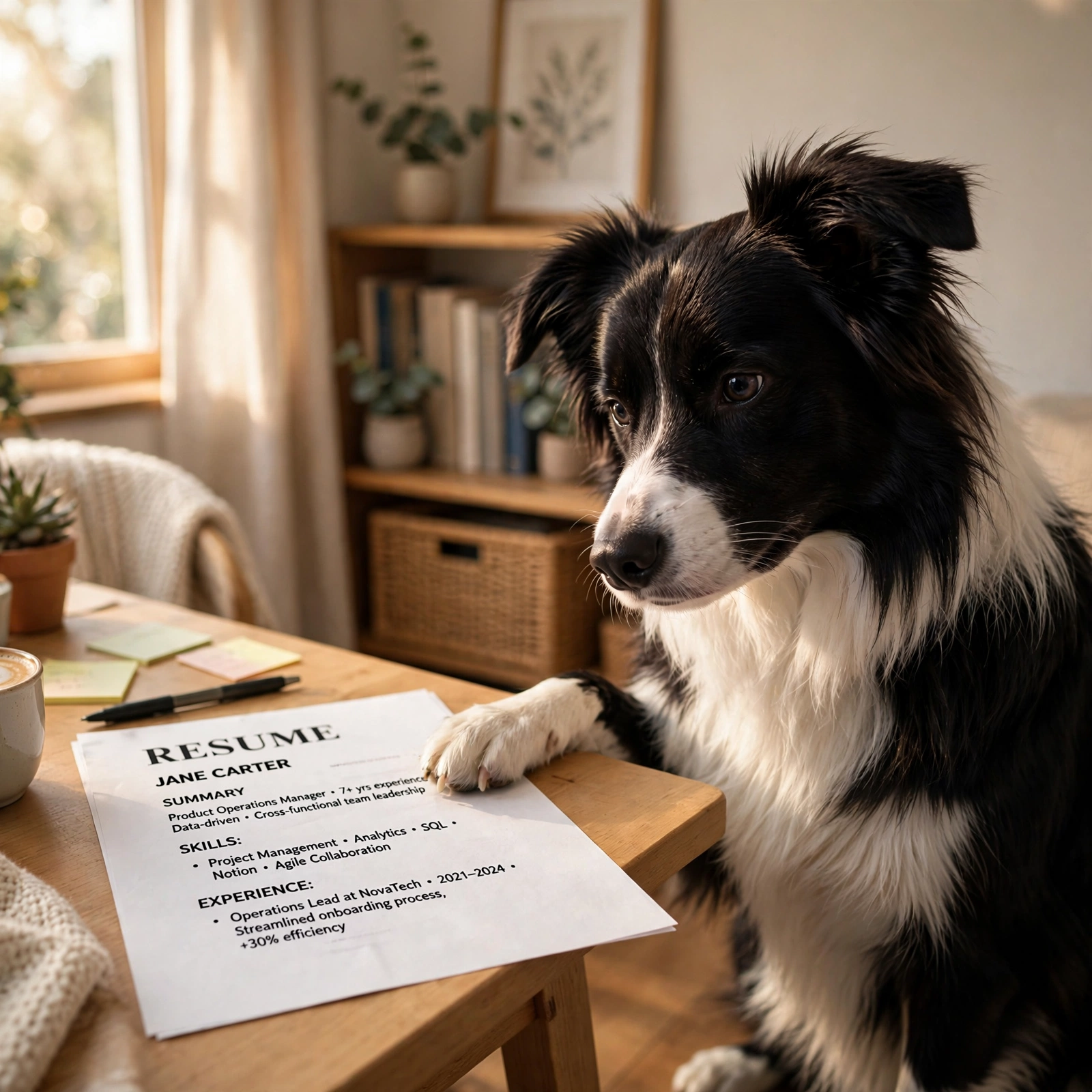 Border collie dog reviewing a printed resume on a desk