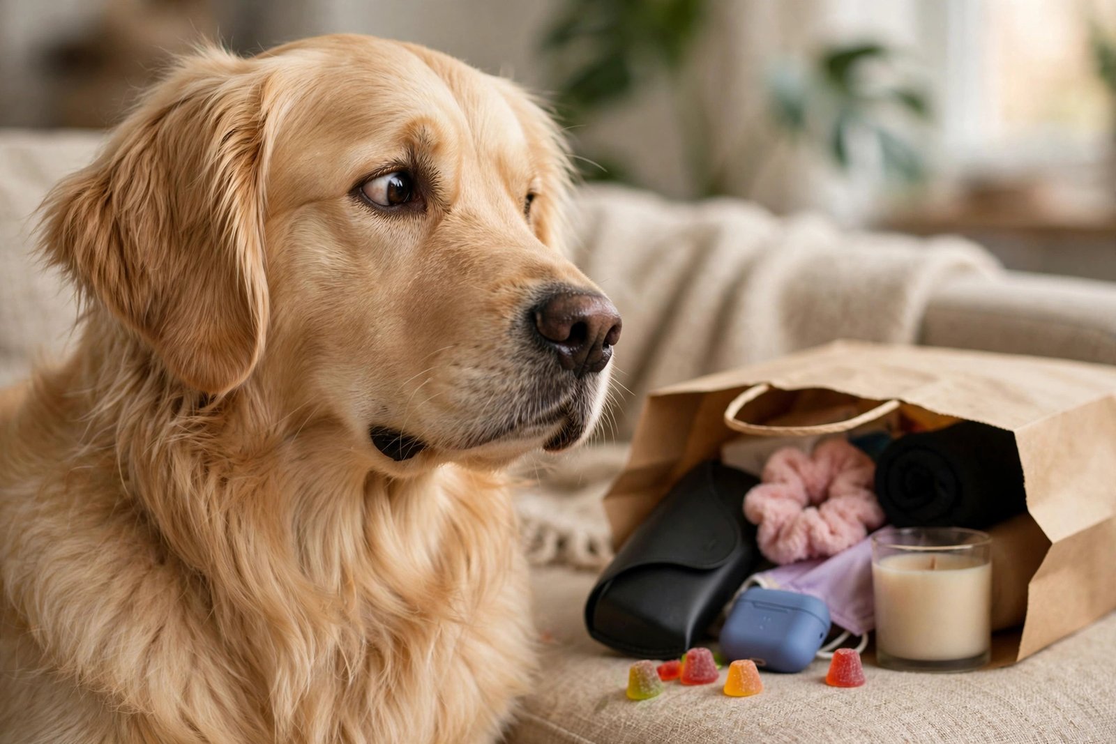 Golden retriever dog giving a judgmental side-eye at impulse shopping bags