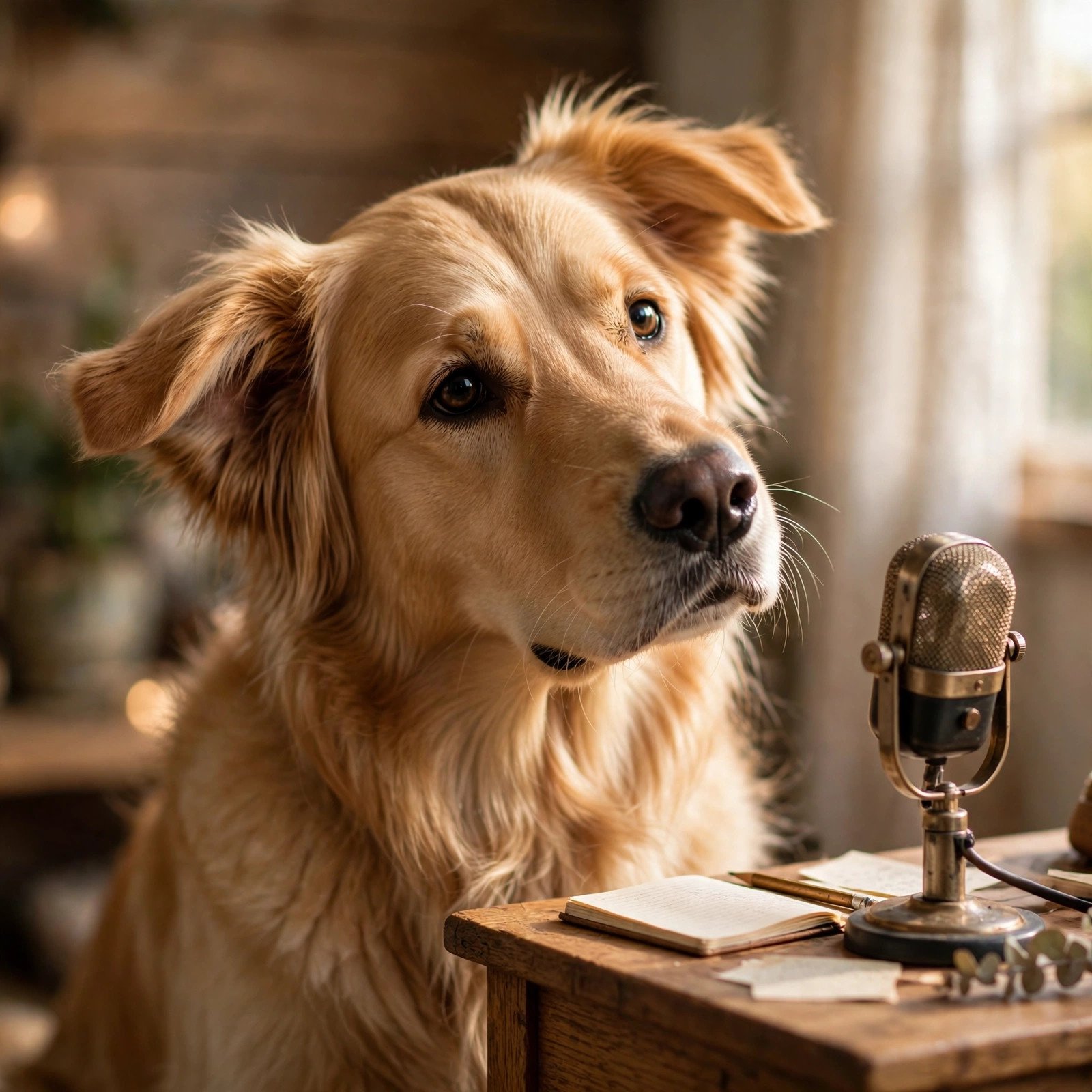 Golden retriever dog tilting its head, listening to a microphone like a voice-over judge
