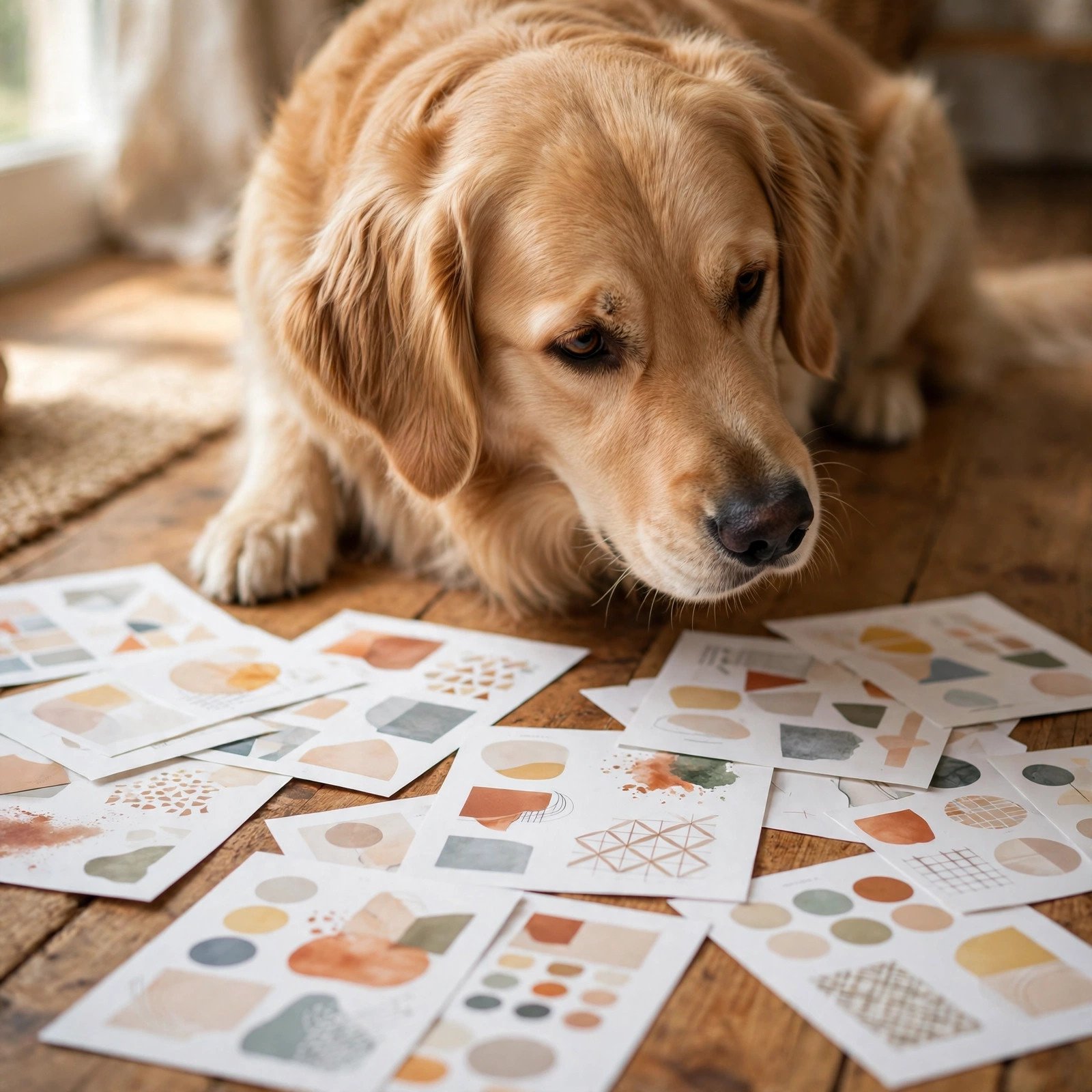 Dog reviewing printed design proofs like a tiny art director