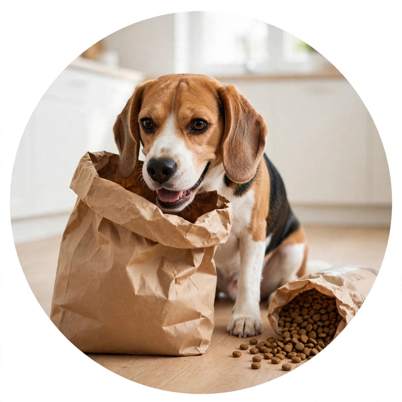 Beagle dog sniffing a paper grocery bag — Furveko pet guides