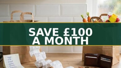 Save money on groceries UK — paper shopping bags, supermarket receipt, shopping list and wallet on a kitchen counter (2026 guide)