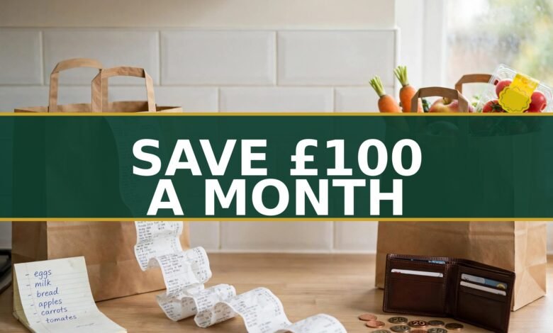 Save money on groceries UK — paper shopping bags, supermarket receipt, shopping list and wallet on a kitchen counter (2026 guide)