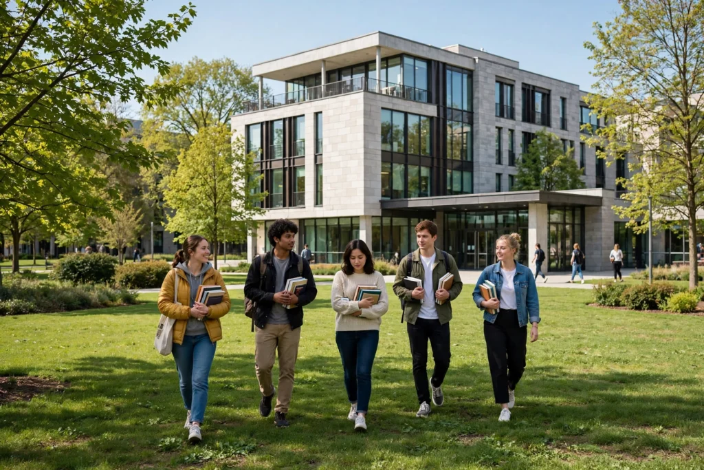 University campus building with students on a green lawn