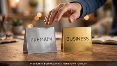 Hostinger Premium vs Business (now Unlimited) plan comparison on a desk