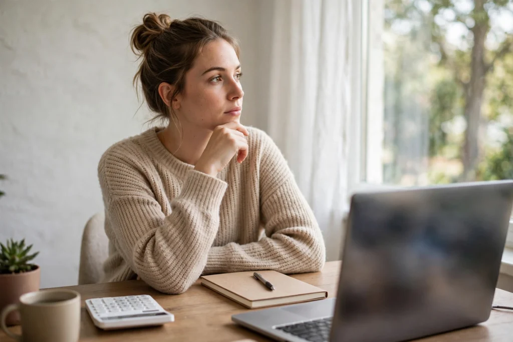 Freelancer at a home office desk with a laptop, notebook and calculator working out rates