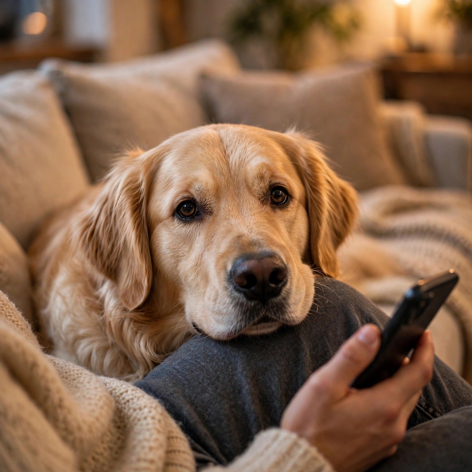 Golden retriever resting its head trustingly on its owner's lap — the only lender who never checked your credit