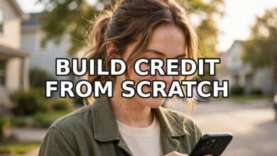 Young woman smiling while checking her phone on a sunny street — building a credit score UK from scratch