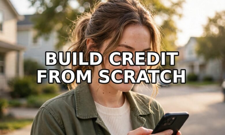 Young woman smiling while checking her phone on a sunny street — building a credit score UK from scratch