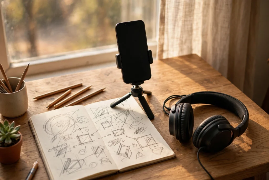 Creator's desk with a smartphone on a tripod, notebook and headphones
