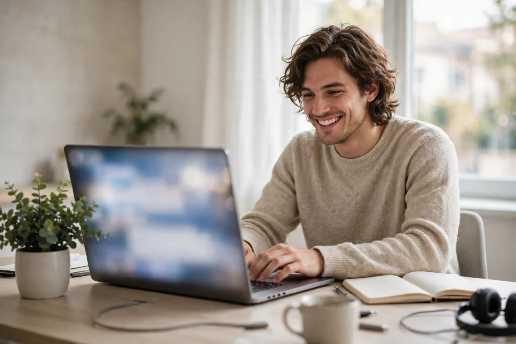 Freelancer sending an invoice from a laptop at a tidy desk