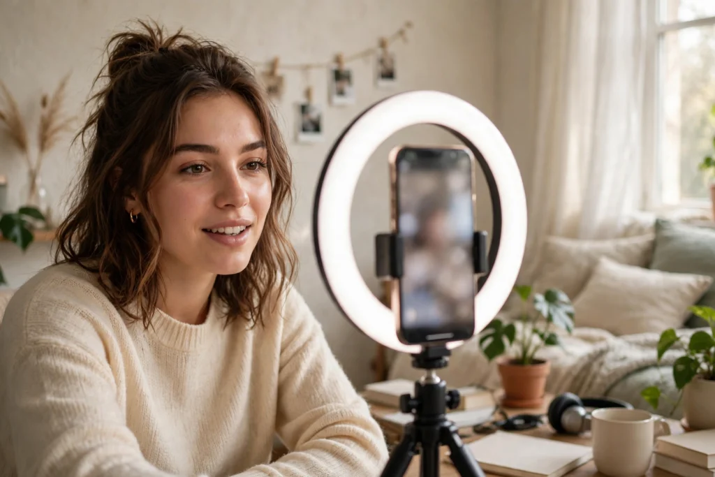 Creator filming a video with a smartphone on a tripod and ring light