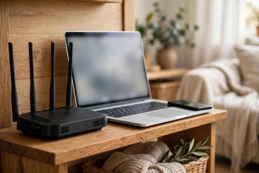 Home WiFi router on a shelf next to a laptop and phone