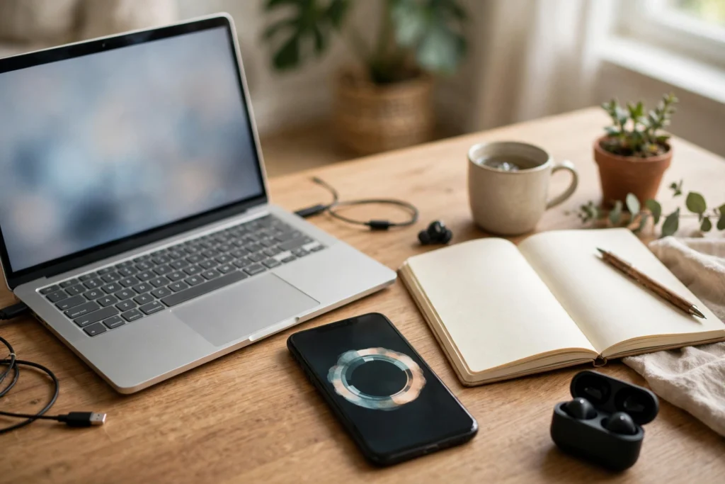 Freelancer desk with a laptop, phone timer and notebook for tracking billable hours