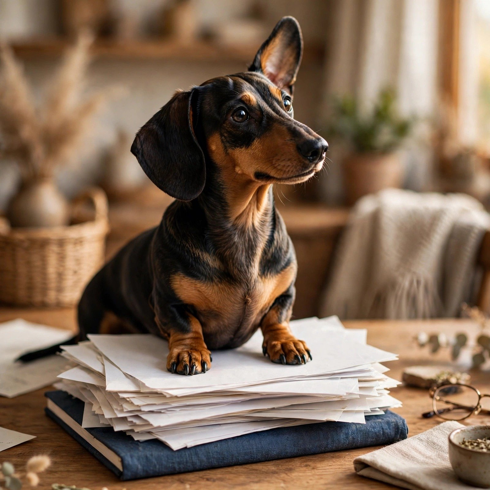 Dachshund sitting on a pile of interview notes, ready for a mock interview