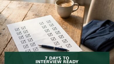 Printed interview checklist with ticked boxes, pen and coffee on a desk — interview preparation 7-day plan 2026