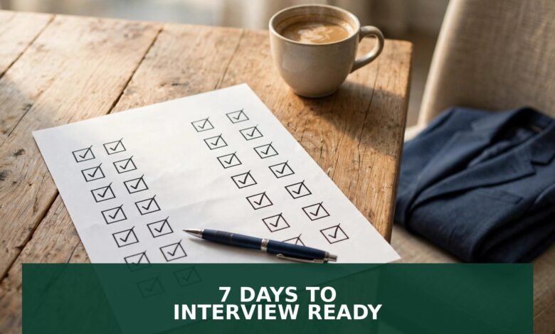 Printed interview checklist with ticked boxes, pen and coffee on a desk — interview preparation 7-day plan 2026