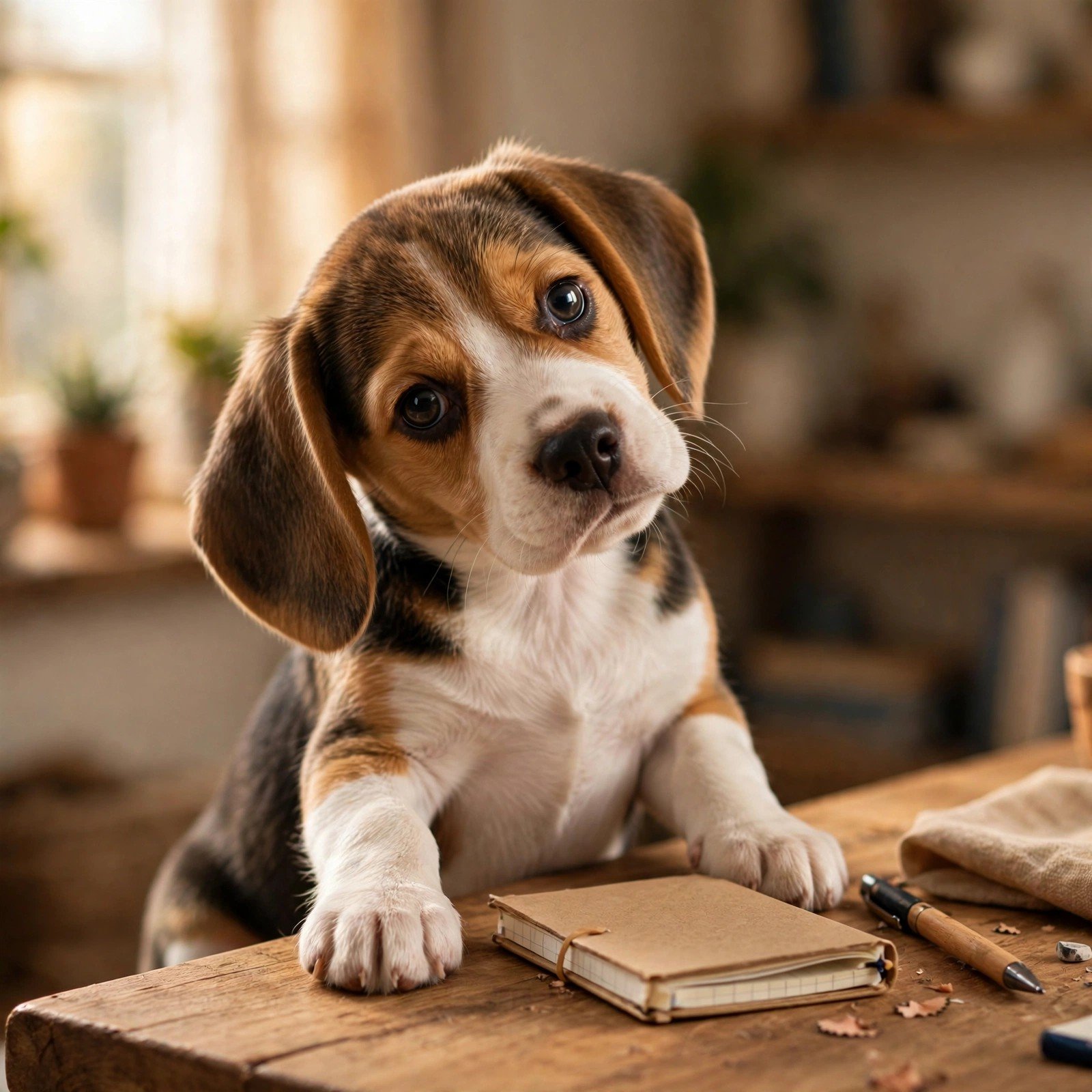 Curious beagle puppy with tilted head