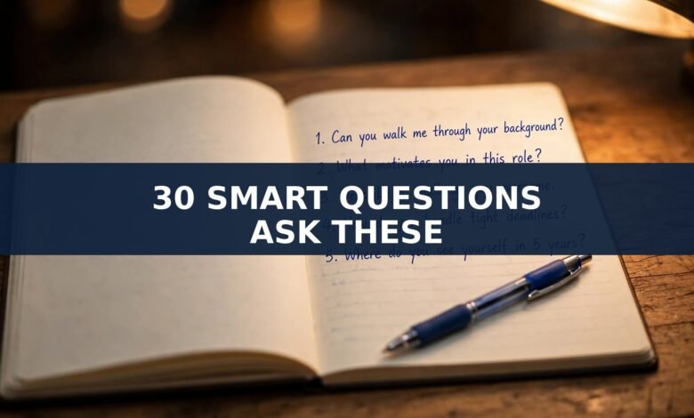 30 smart questions to ask the interviewer — notebook with handwritten questions