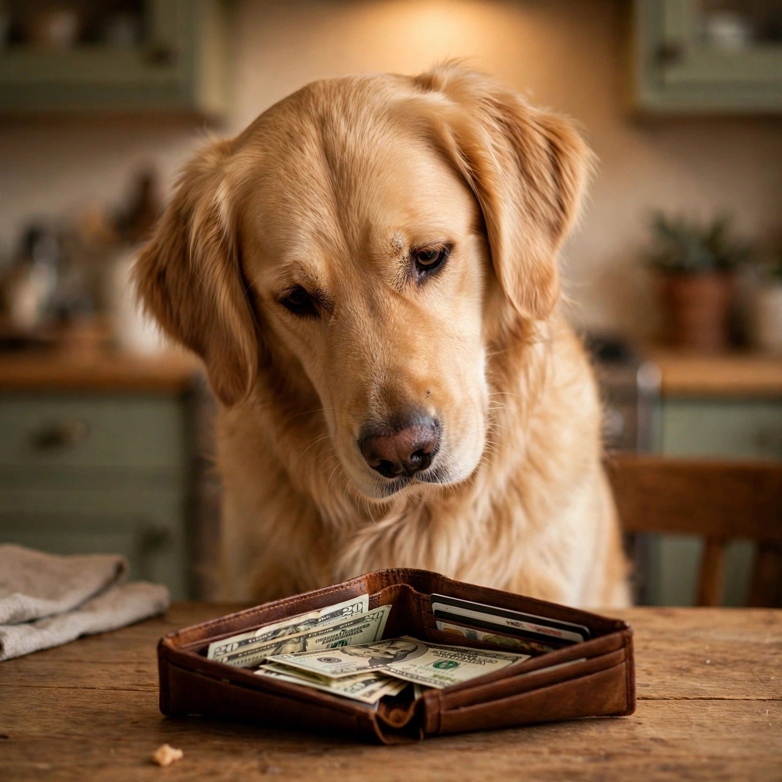 Golden retriever looking at an open wallet - Furveko pet money guides