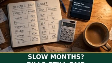 Freelancer budgeting flat-lay: handwritten monthly budget notebook, calculator, phone rent-payment notification, coffee and labeled bill envelopes — how to budget on irregular income 2026