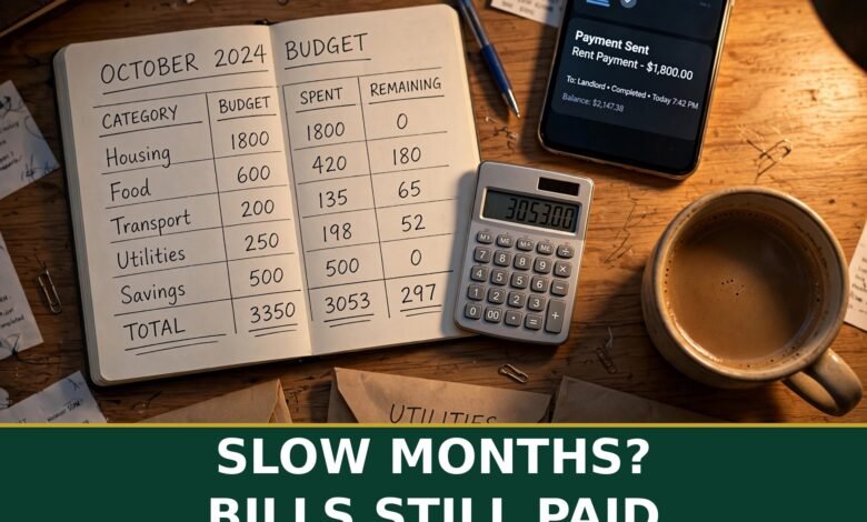 Freelancer budgeting flat-lay: handwritten monthly budget notebook, calculator, phone rent-payment notification, coffee and labeled bill envelopes — how to budget on irregular income 2026