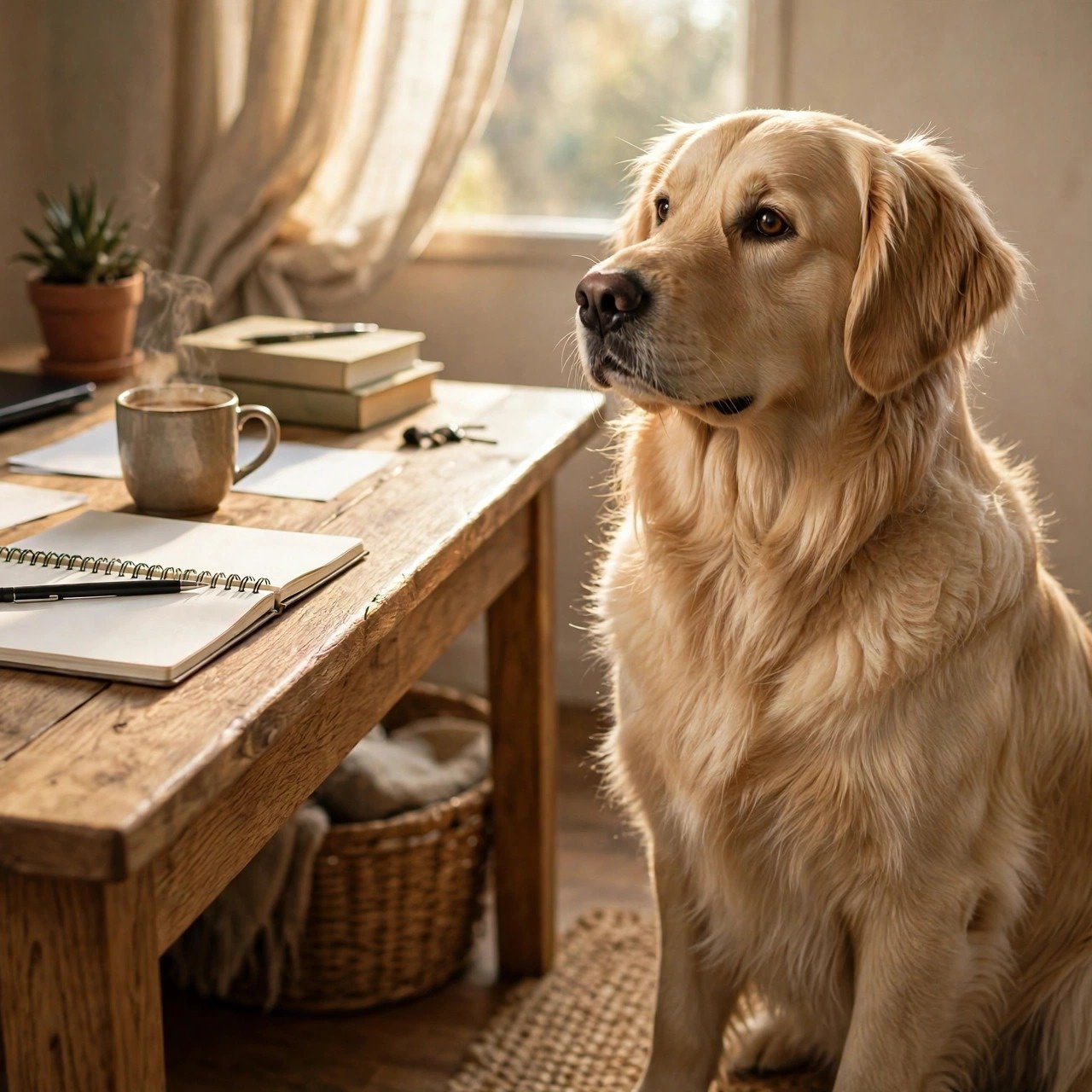Golden retriever sitting upright and attentive like a body-language coach