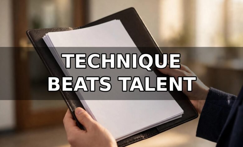 Job candidate holding a leather folder with a printed resume outside an office door — job interview techniques 2026