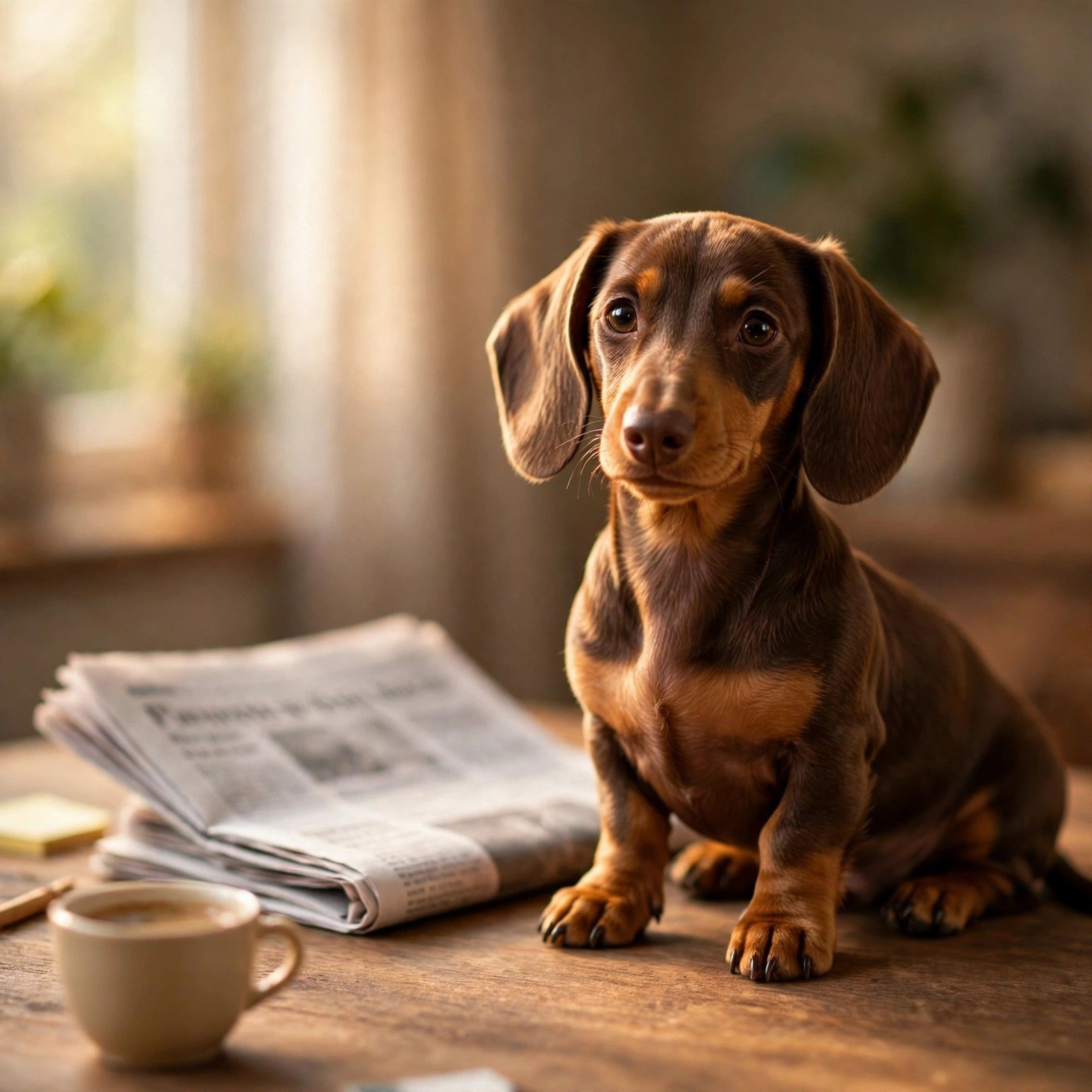 Dachshund puppy sitting beside a newspaper jobs page like a tiny careers counsellor