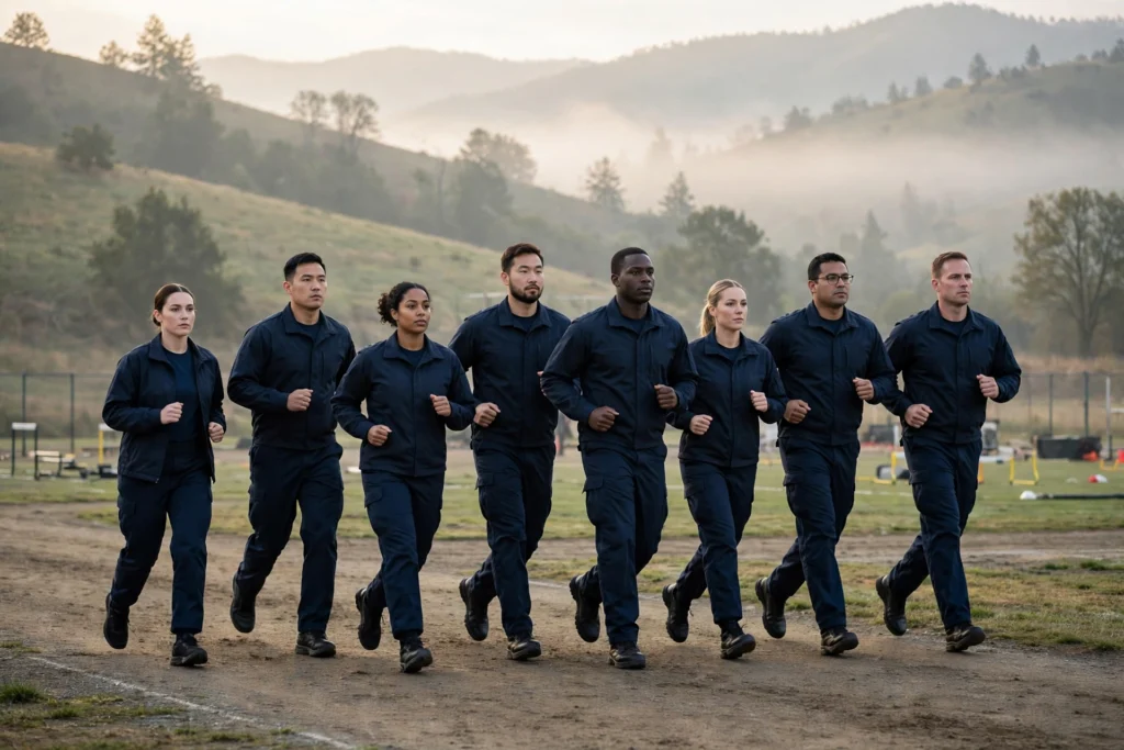 Police recruits jogging in formation on a training ground